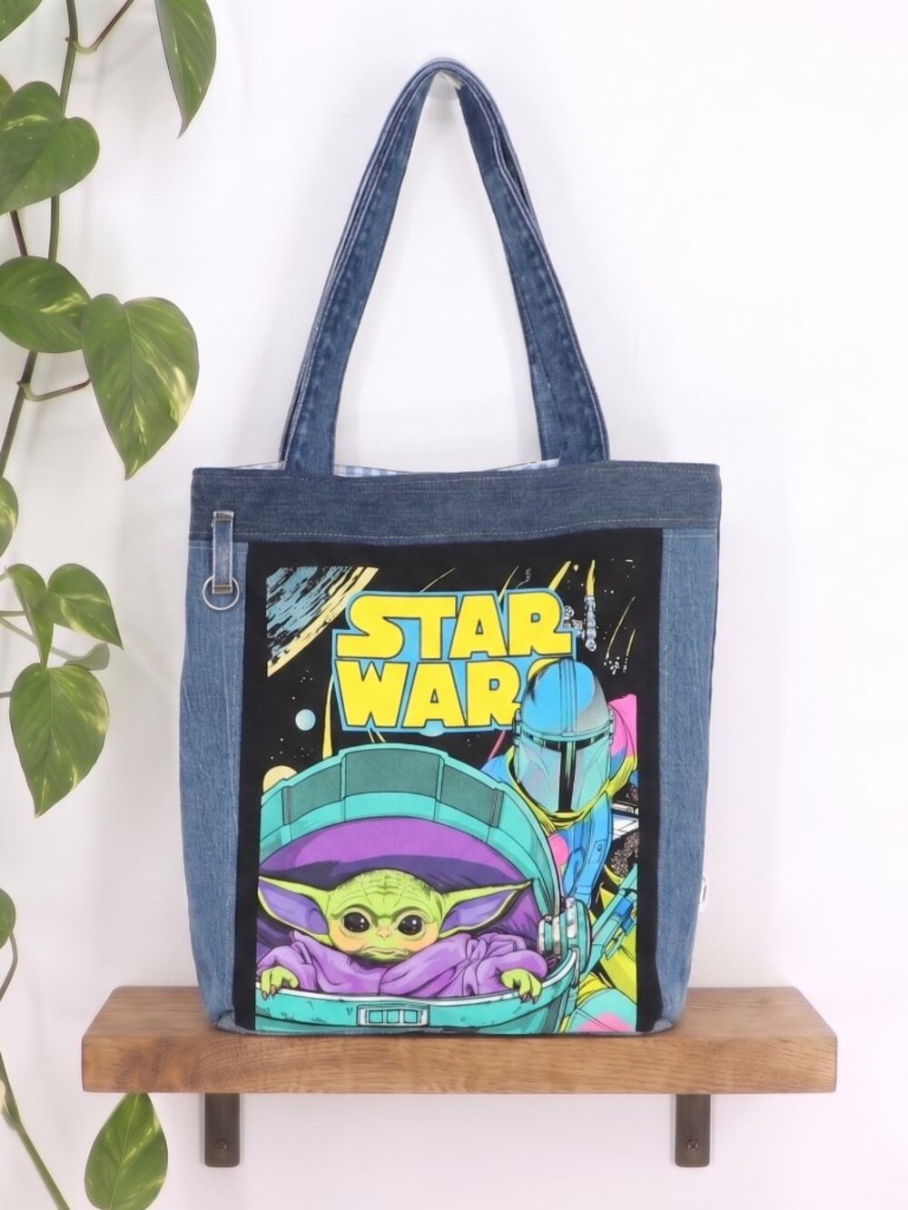Star Wars Mandalorian Denim Tote Bag Handmade Upcycled Grogu Disney